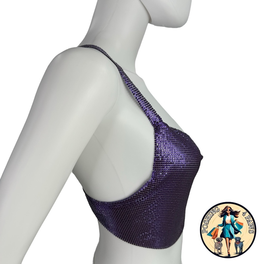 FANNIE SCHIAVONI Hailey Mesh Metallic Festival Draped Crop Top in Purple Size S - Picture 12 of 15
